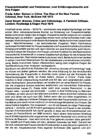 183-186, Freda Adler. Sisters in Crime. The Rise of the New Female Criminal. 1975 / Carol Smart. Women, Crime and Criminology. A Feminist Critique. 1976