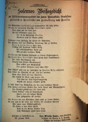 Solennes Weihegedicht zur Abschiedserinnerungsfeyer des Herrn Universitätsprofessors Heinrich v. Treitschke von Heidelberg nach Berlin