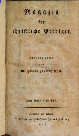Magazin für christliche Prediger. 8. 1835