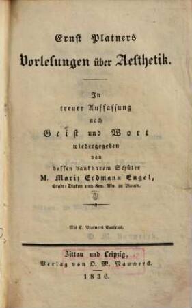 Ernst Platners Vorlesungen über Aesthetik