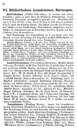 VI. Bibliotheken. Lesezimmer. Zeitungen