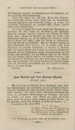 68 Zum Aufruf aus dem Kanton Waadt