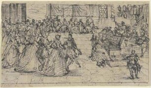 Kavaliere und Damen beim Tanze, eine Dame spielt Klavier und wird von einem Orchester begleitet