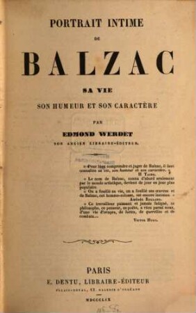 Portrait intime de Balzac, sa vie, son humeur et son caractère