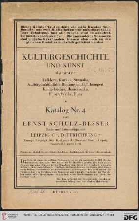 Nr. 4: Räumungs-Katalog: Kulturgeschichte und Kunst : darunter Folklore, Kuriosa, Sexualia, kulturgeschichtliche Romane und Dichtungen, Kinderbücher, Humorisitka, illustr. Werke, Rara