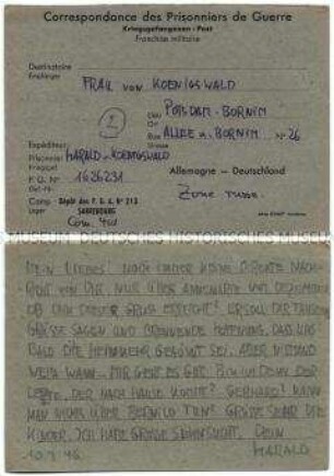 Vordruck-Postkarte von Harald von Koenigswald aus dem Kriegsgefangenenlager Sarrebourg an seine Frau mit Sorge wegen der Ungewißheit, ob die Post ankommt - Familienkonvolut