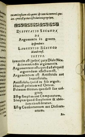 Disputatio Secunda De Argumento in genere.