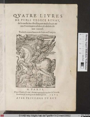 [Quatres Livres de la médecine des chevaux malades, Titelblatt]