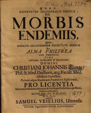 Disputatio Inauguralis Medica De Morbis Endemiis