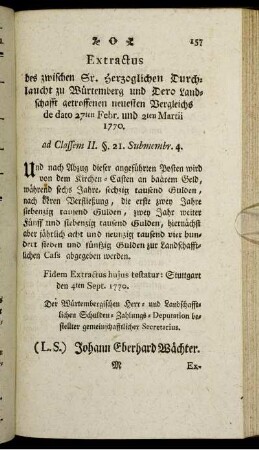 Extractus des zwischen Sr. Herzoglichen Durchlaucht zu Würtemberg und Dero Landschafft getroffenen neuesten Vergleichs de dato 27ten Febr. und 2ten Martii 1770.