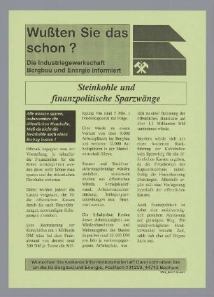 "Steinkohle und finanzpolitische Sparzwänge"