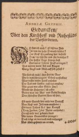 Andreae Gryphii. Gedancken/ Uber den Kirchhoff und Ruhestädte der Verstorbenen.