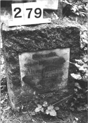 Grabstein 279 (Index: 100082287) Material: Granit, weiße Marmorplatte Zustand: leicht verwittert Maße HxBxT: 56x41x32 cm Beschreibung: rechteckige Stele, Schriftplatte: Grabstein 279