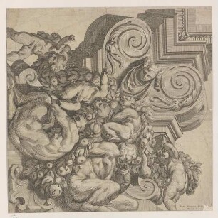 Satyrn und Putti mit Girlande