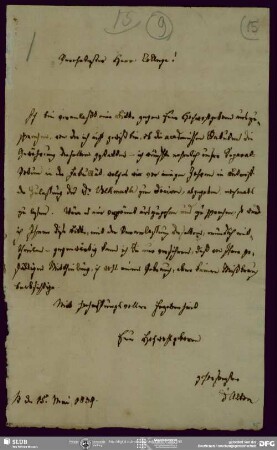 Eigenh. Brief von Eduard d' Alton an August Wilhelm von Schlegel, Bonn, 15.05.1839