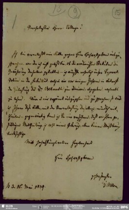 Eigenh. Brief von Eduard d' Alton an August Wilhelm von Schlegel, Bonn, 15.05.1839