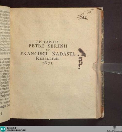 Epitaphia Petri Serinii et Francisci Nadasti rebellium 1671