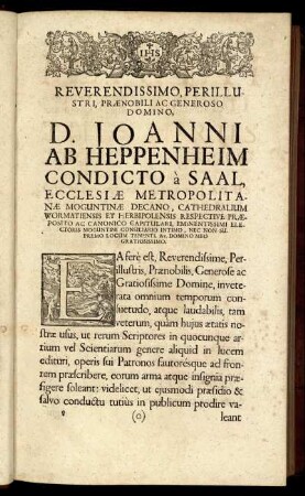 Reverendissimo, Perillustri [...] Domino D. Joanni Ab Heppenheim [...]