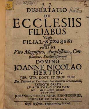 Dissertatio De Ecclesiis Filiabus Vulgo Filial-Kirchen
