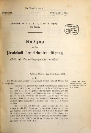 Protokolle über die Verhandlungen des Bundesrats des Deutschen Reichs. Drucksachen zu den Verhandlungen des Bundesrats des Deutschen Reichs. 1887