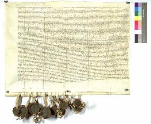 Vertrag zwischen Hohenlohe und Rechberg wegen Wiedereinlösung von Weikersheim; Siegel: Burkhart von Wolmershausen, Elisabeth von Hohenlohe, Albrecht und Kraft von Hohenlohe, Wilhelm von Rechberg abgefallen, Simon von Stetten, Conrad von Hutten, Wilhelm von Dottenheim und Wilhelm von Crailsheim.