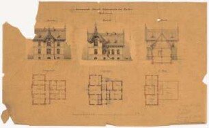 Chemische Fabrik »Kanne« (Kunheim & Co.), Berlin-Niederschöneweide Ammoniak-Fabrik: Wohnhaus (für Beamte?): Grundriss Keller, EG, 1. OG, Vorderansicht, Seitenansicht, Schnitt