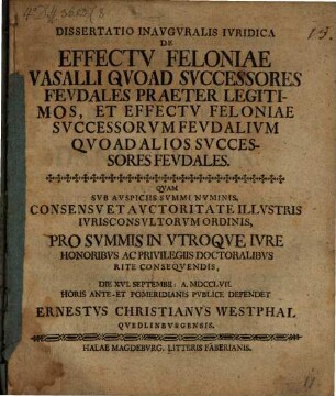 Dissertatio Inavgvralis Ivridica De Effectv Feloniae Vasalli Qvoad Svccessores Fevdales Praeter Legitimos, Et Effectv Feloniae Svccessorvm Fevdalivm Qvoad Alios Svccessores Fevdales