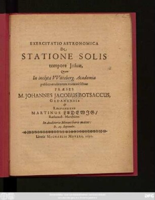 Exercitatio Astronomica De Statione Solis tempore Josuae