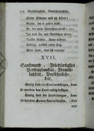 XVII. Sanftmuth, Friedfertigkeit, Vertragsamkeit, Freundlichkeit, Versöhnlichkeit. -XVIII. Aufrichtigkeit. Ehrlichkeit.