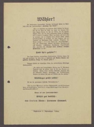 Flugblatt: "Wähler!...Habt ihr's gehört?!...Hermann Hummel", Demokratische Volkspartei, Buchdruckerei L. Schönenberger, Triberg