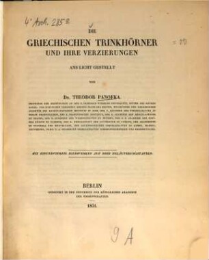 Die griechischen Trinkhörner und ihre Verzierungen : Mit 41 Bildwerken auf 3 Erläuterungstaf.
