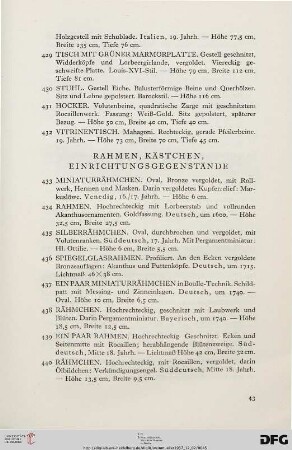 Rahmen, Kästchen, Einrichtungsgegenstände (Nr. 433-510)