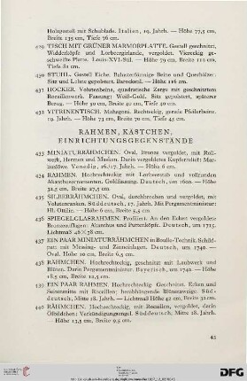 Rahmen, Kästchen, Einrichtungsgegenstände (Nr. 433-510)