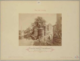 Der Pleißemühlgraben mit Nonnenmühle (Hintergrund links) und Wasserkunst (Turm hinten rechts) an der Harkortstraße von Süden, aus: Das Alte Leipzig bei Otto Roth, Fotos nach Aquarellen verschiedener Illustratoren