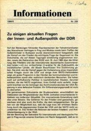 Parteiinformation der SED zu aktuellen Fragen der Innen- und Außenpolitik der DDR
