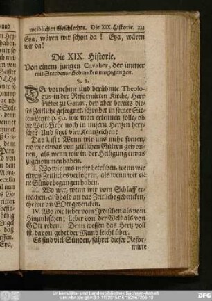 Die XIX. Historie. Von einem jungen Cavalier, der immer mit Sterbens-Gedancken umgegangen.