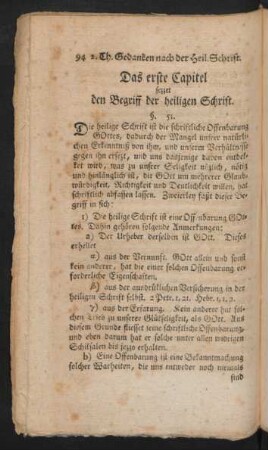 Das erste Capitel sezzet den Begriff der heiligen Schrift