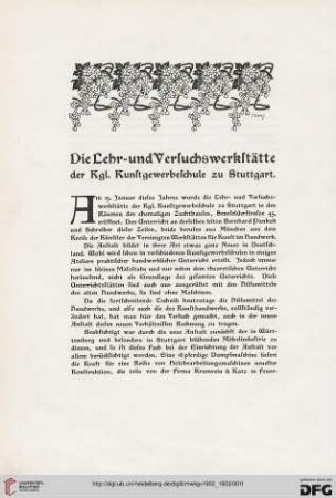 Die Lehr- und Vesuchswerkstätte der Kgl. Kunstgewerbeschule zu Stuttgart