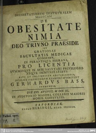 Dissertationem Inauguralem Medicam De Obesitate Nimia