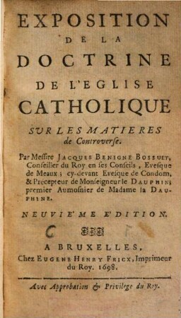 Exposition De La Doctrine De L'Eglise Catholique Sur Les Matières De Controverse