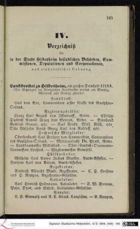 IV. Verzeichniß der in der Stadt Hildesheim befindlichen Behörden, Commissionen, Deputationen und Corporationen, nach alphabetischer Ordnung.