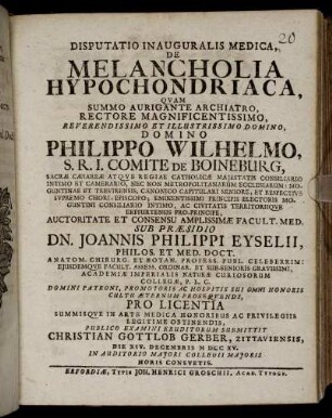 Disputatio Inauguralis Medica, De Melancholia Hypochondriaca