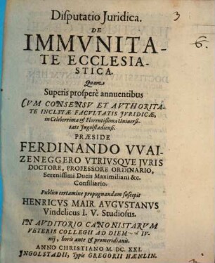Disputatio iuridica de immunitate ecclesiastica