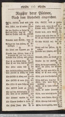 Register derer Psalmen, Nach dem Alphabeth eingerichtet