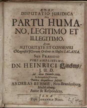 Disputatio Iuridica De Partu Humano, Legitimo Et Illegitimo