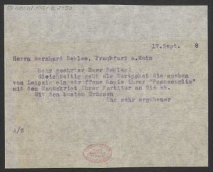 Brief an Bernhard Sekles : 17.09.1918