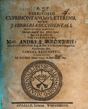 De territorio Cuprimontano et Saeterensi, nec non Jarnberia occidentali, dissertationem gradualem