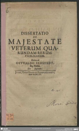 Dissertatio De Maiestate Veterum Quarundam Rerumpublicarum