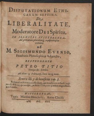 Disputationum Ethicarum Septima. De Liberalitate