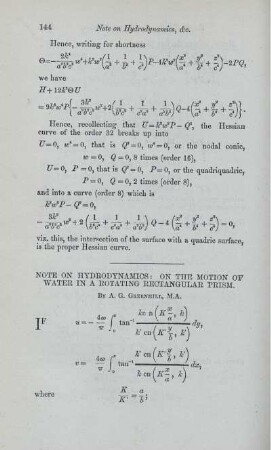 Note on hydrodynamics: On the motion of water in a rotating rectangular prism.